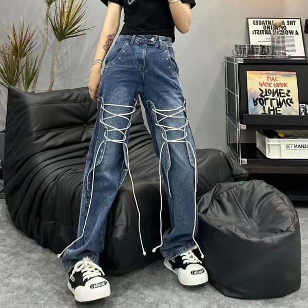 Deeeze High Waist Drawstring Front Denim Jeans