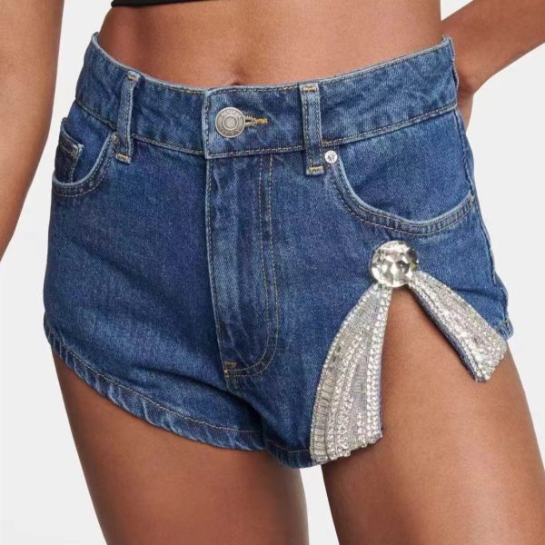Deeeze High Waist Crystal Embellished Denim Shorts